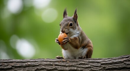Squirrel enjoying a nut on a tree branch in nature.