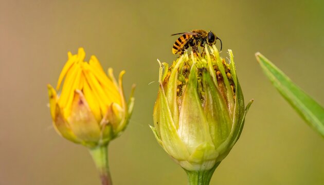 A bee resting on a yellow flower bud, with a blurred background of green plants - Powered by Adobe