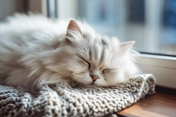 Obraz premium Fluffy white cat peacefully sleeping on a cozy knitted blanket near a window in a bright room