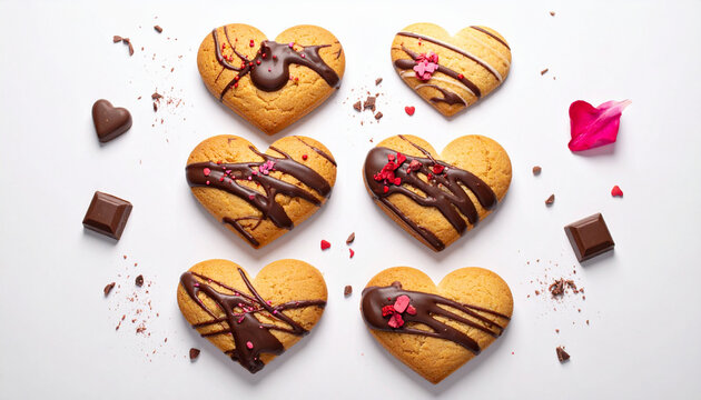 Festive heart cookies drizzled with dark chocolate and red sprinkles, styled with chocolate pieces and petals on a white surface.