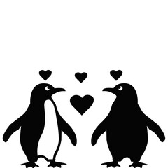 Romantic penguin couple silhouette with heart symbols. Cute penguins in love illustration. Black and white animal love design for Valentine's Day