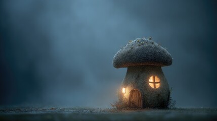 Obraz premium Enchanted Mushroom House Surrounded by Misty Atmosphere at Night