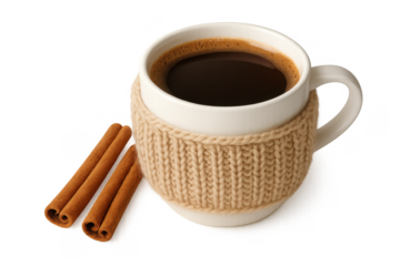 Coffee mug in knit cozy with cinnamon sticks