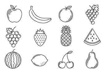Line Art Fruit Collection - Apple, Banana, Grapes, and More.
