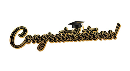 Congratulations! greeting sign for graduation party in university, school, academy. Handwritten brush lettering with academic cap. Vector design for congratulation ceremony, invitation card, banner
