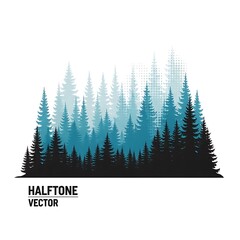 Halftone Forest Vector Illustration - Evergreen Trees in Blue and Black.