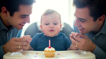 Joyful celebration of a baby's first birthday with two fathers and a cupcake