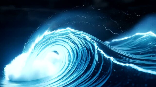 Electric blue wave crashing with lightning in a dark ocean background