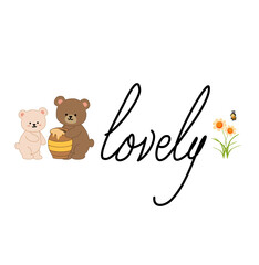 Lovely bear couple with handwritten “Lovely” text in minimalist and cute style. Soft pastel colors, gentle expressions
