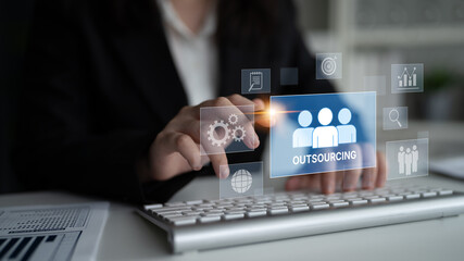 Outsourcing concept showing collaboration, delegation, global workforce, productivity, and task...