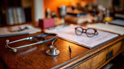 A doctor's desk features a stethoscope and glasses over papers.