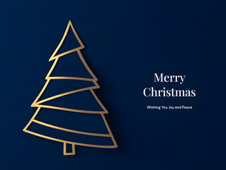 Fototapeta premium Minimalist Golden Christmas Tree on Dark Blue Background with Merry Christmas Greeting