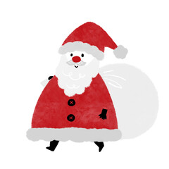 プレゼントの入った袋を持って歩くデフォルメしたかわいいサンタクロースの全身イラスト