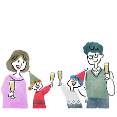4人家族がホームパーティーで乾杯しているお祝いのシーン　クリスマスパーティー