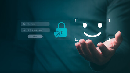 Biometric facial recognition for secure login, identity verification, authentication, privacy, and cybersecurity data protection systems