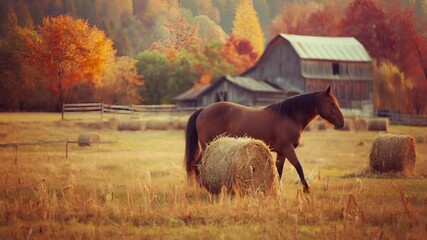 A warm, autumnal scene featuring a horse in a field with hay bales and a barn in the background. The horse is a chestnut color with a black mane and tail.