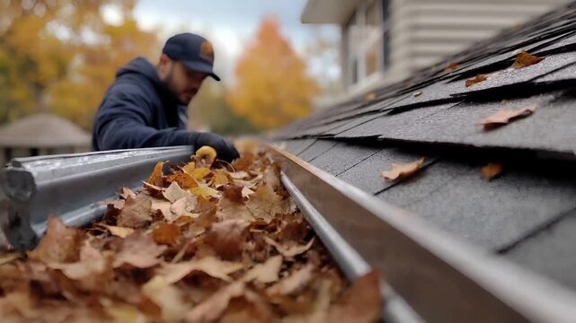 A man in a blue hoodie and baseball cap is seen cleaning a metal gutter with a yellow tool, surrounded by autumn leaves.
