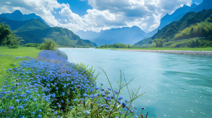 River flowing through mountainous landscape