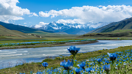 Mountain river with blue flowers