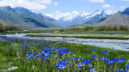 Mountain river with blue flowers