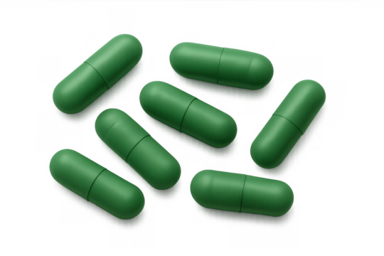 Green medicine capsules or vitamin supplements scattered on a transparent background, depicting healthcare, natural treatment, and pharmacy themes