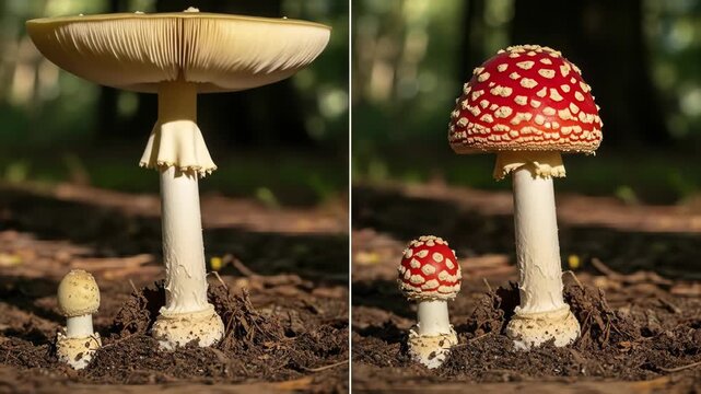 Two different, side-by-side mushroom types, varying in color & size
