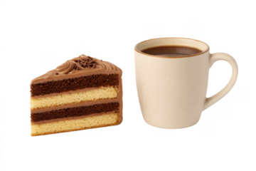Chocolate cake slice with coffee mug on transparent background