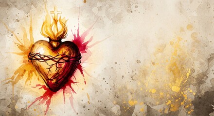 Sacred Heart of Jesus Image Christian Art Faith Love Divine Mercy Watercolor Painting With Copy Space