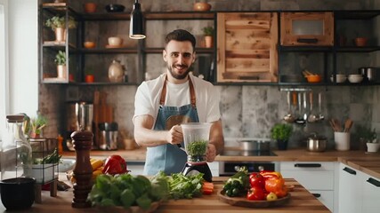 A man in a white shirt and blue apron is preparing a smoothie in a kitchen. He is using a blender to mix green ingredients. The kitchen is welllit with natural light.