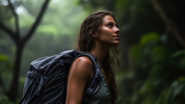 A woman with a backpack stands amidst a dense forest, her gaze directed away from the camera. The forest is lush and green, with the womans wet skin contrasting against the verdant backdrop.