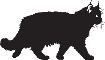Silhouette of a fluffy long-haired cat walking gracefully with detailed fur texture and alert ears captured in a profile view