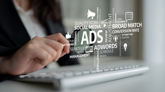 A close-up shot of a business professional interacting with a digital interface showcasing various marketing and advertising concepts essential for online strategy and growth. Tessel - Powered by Adobe