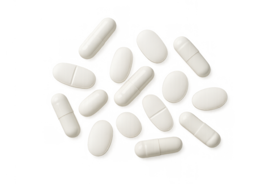 White medical pills and capsules falling, representing health, pharmacy, treatment, and medication, on transparent background