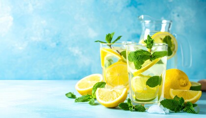 Cold citrus water with lemon, lime, and mint leaves in glass, refreshing detox drink on sunny outdoor background, natural summer beverage with ice and straw, clean lifestyle and wellness refreshment