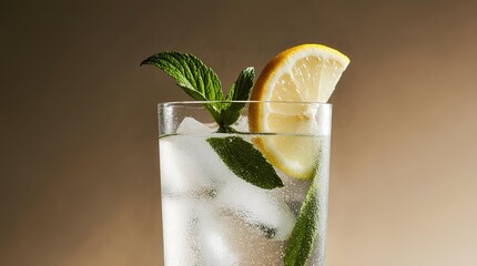 Fresh homemade lemonade with mint and lime in clear glasses, cold citrus drink on wooden surface with copy space, refreshing summer beverage with ice, healthy detox water, vitality, and purity concept