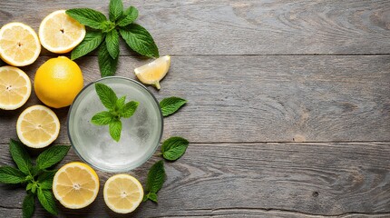 Glass of refreshing lemon mint water with ice cubes, top view on green nature background, citrus detox drink symbolizing health, freshness, spa relaxation, and summer wellness beverage concept