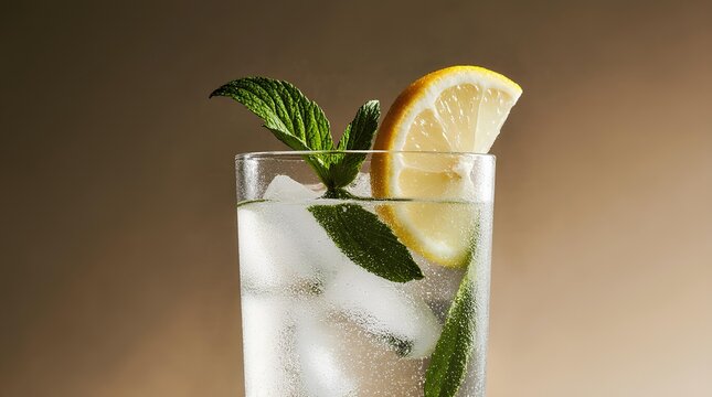 Fresh homemade lemonade with mint and lime in clear glasses, cold citrus drink on wooden surface with copy space, refreshing summer beverage with ice, healthy detox water, vitality, and purity concept - Powered by Adobe