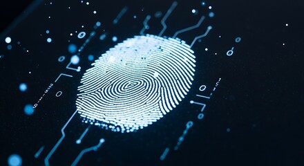 A glowing blue fingerprint is displayed on a dark background