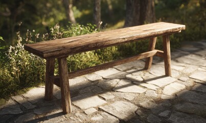 Rustic Wooden Bench in Sunlight - Outdoor Seating.