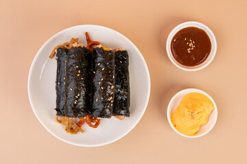 Delicious Korean Gimbap Rolls with Dipping Sauces