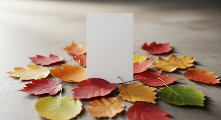 Autumn mockup scene featuring vibrant leaves and a blank card for customization