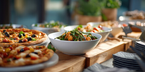 Mediterranean buffet table with pizza and salad bowls served on wooden board, colorful appetizer spread with fresh vegetables and herbs