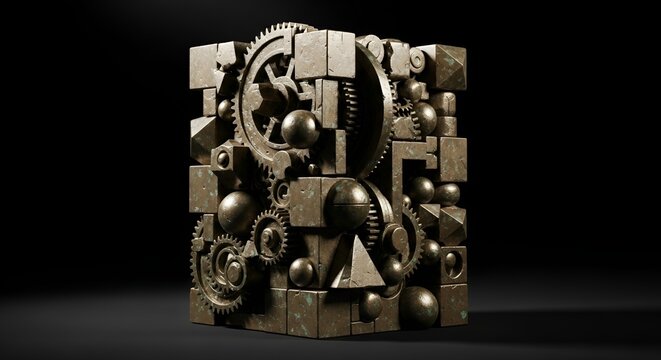 Steampunk inspired geometric cube with gears and shapes on a dark background