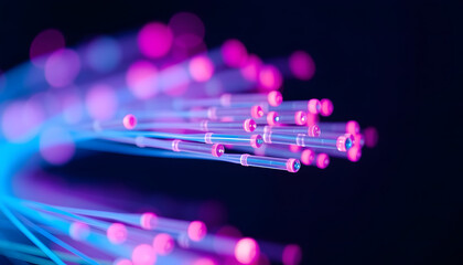 Bright abstract technology background with a purple circuit board design glowing with colorful disco lights and shiny blue and pink circles