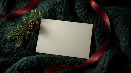 Blank horizontal card mockup on a dark green knit background with Christmas decor.