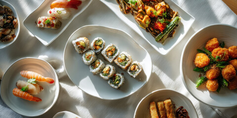 Cozy Asian catering dishes sushi roll nigiri fried appetizer vegetable stir fry on white tablecloth, warm natural light and inviting atmosphere