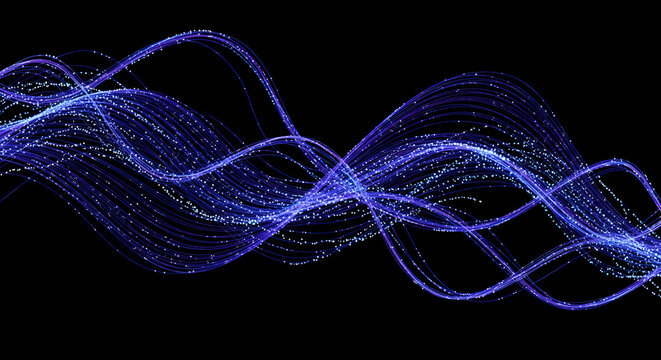 Abstract flowing blue light particles creating a wave pattern on black background