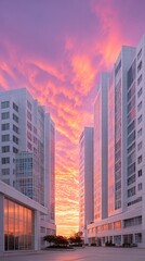 Modern Cityscape Photography of Futuristic Skyscrapers at Vibrant Sunset with Fiery Orange and Purple Clouds
