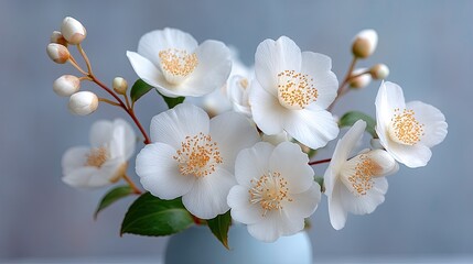 Delicate White Camellia Blossoms With Green Leaves In A Soft Blue Vase Under Gentle Lighting