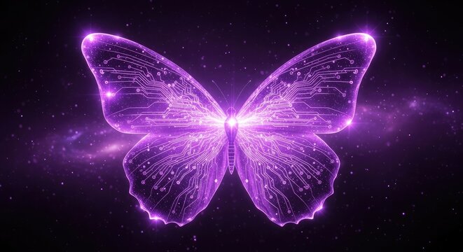Digital butterfly, circuits within glowing wings, cosmic background, purple hues